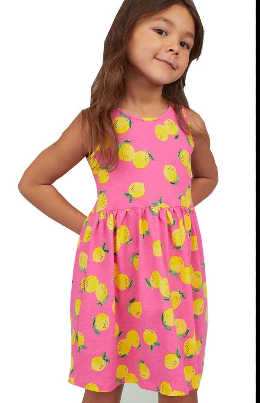 H&M Pink Lemon Print Sleeveless Cotton Summer Dress Size 4-6Y